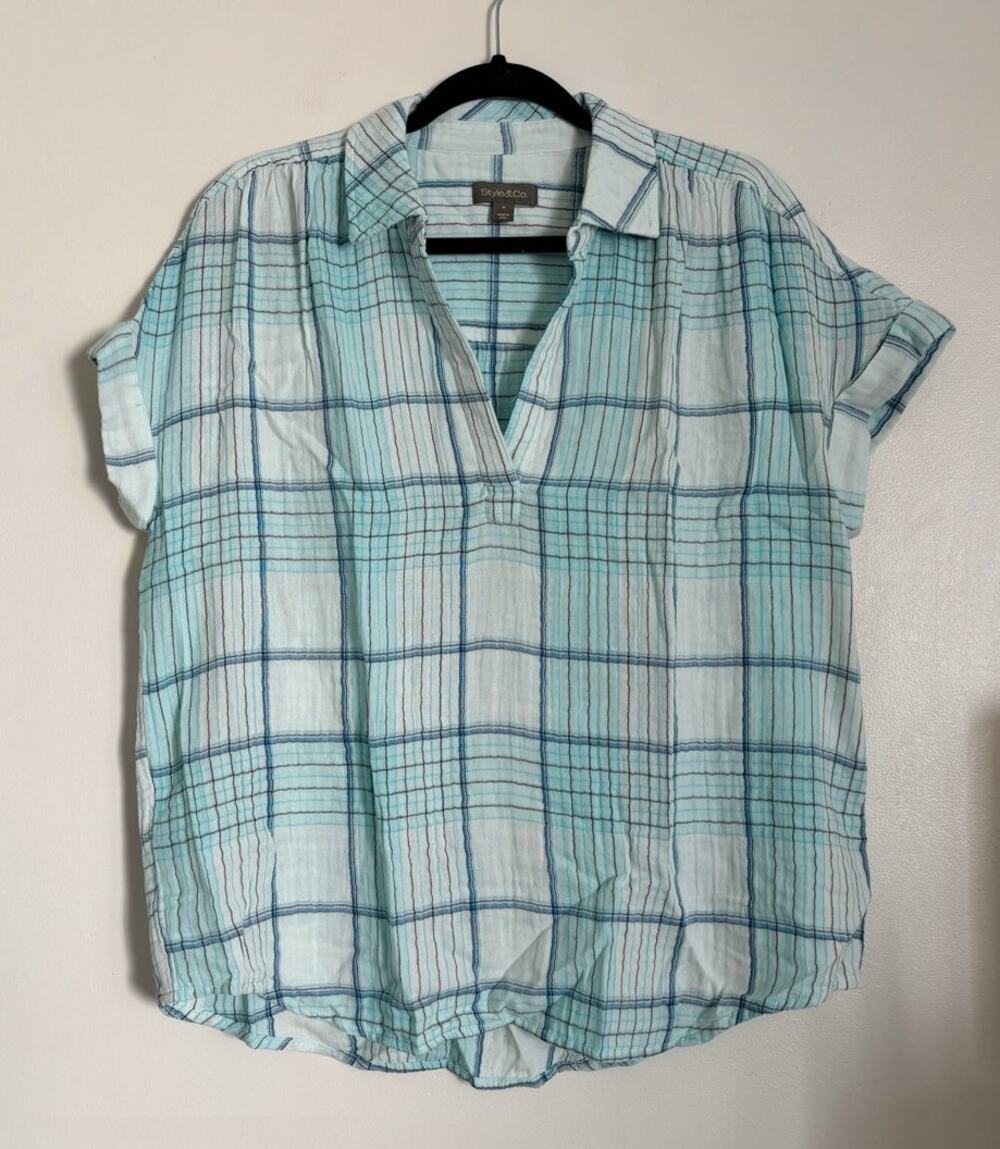 Light Blue Style & Co. Plaid Cotton Gauze Camp Shirt M - Picture 1 of 4